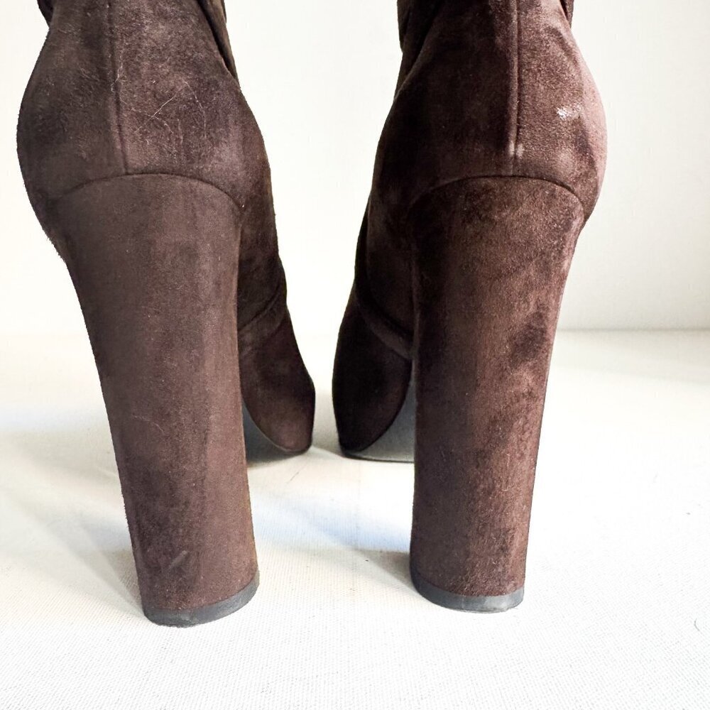 Prada Chocolate Brown Suede Classic Stacked Heel Booties 39.5 - Picture 2 of 11